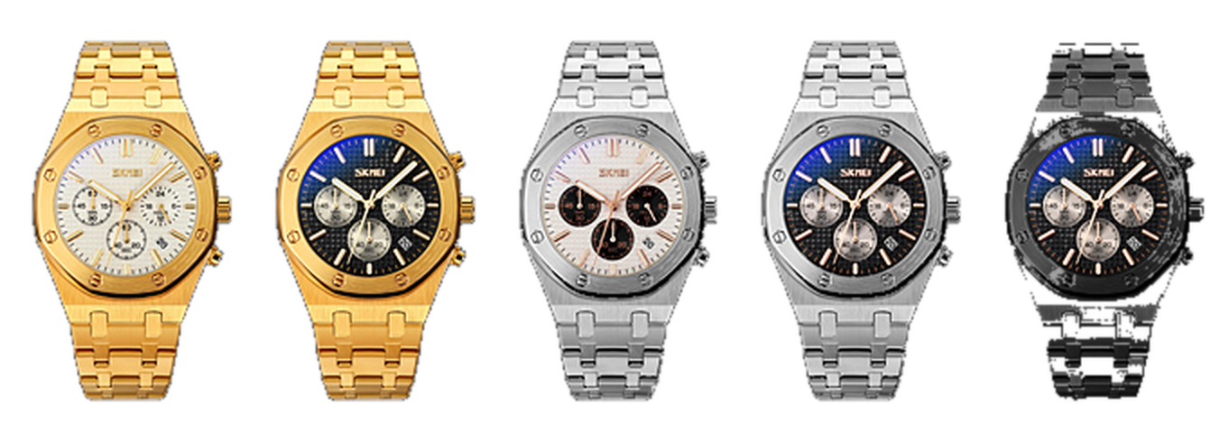 Five SKMEI chronograph colourways built on the same platform
