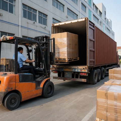 Scene illustration of export cartons loading into a shipping container
