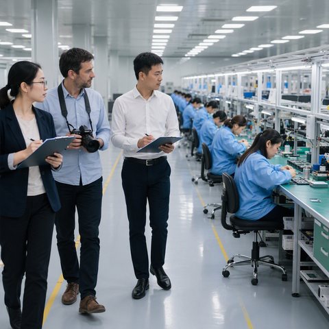 Scene illustration of a third-party verification team touring the assembly hall