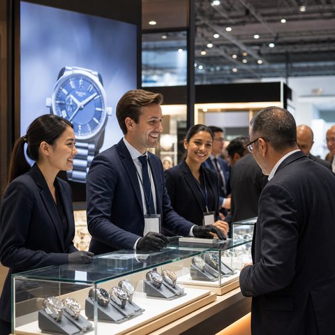 Scene illustration of a watch brand booth greeting overseas buyers