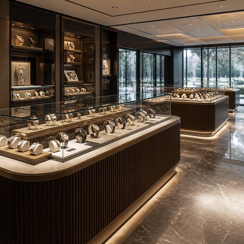 Scene illustration of a modern watch showroom island display