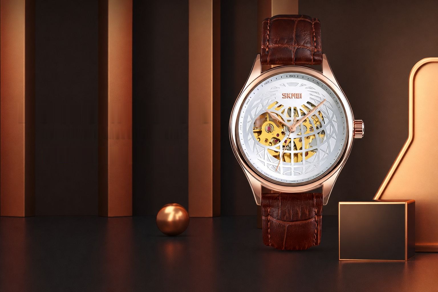 SKMEI 9209 automatic dress watch campaign poster in rose gold