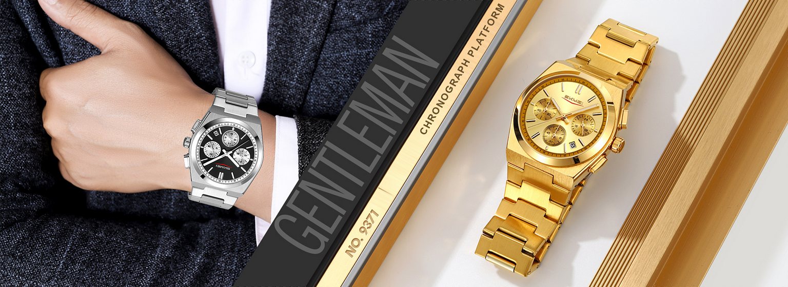 SKMEI 9371 gentleman chronograph campaign poster in silver and gold