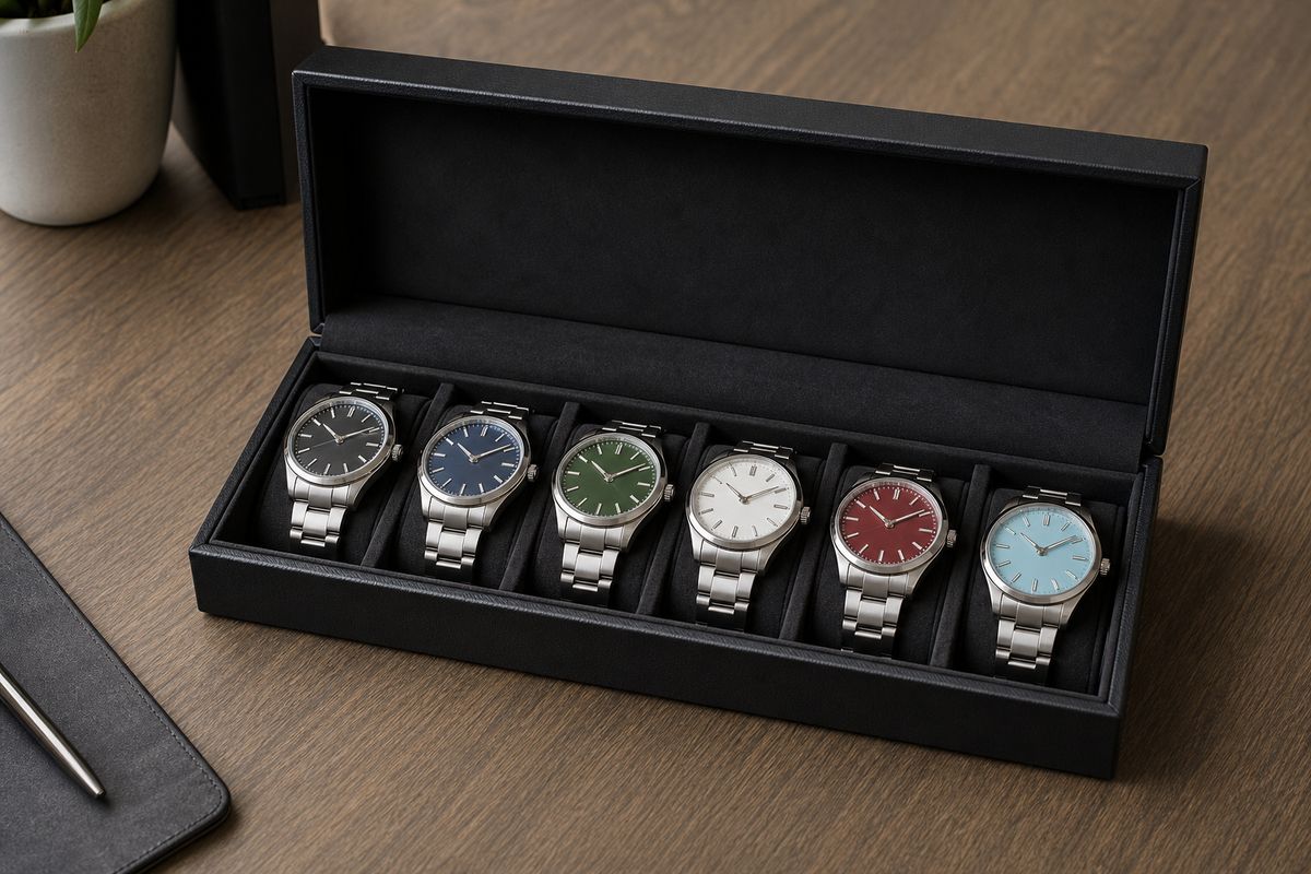 Sample kit box with six wristwatches in different colours